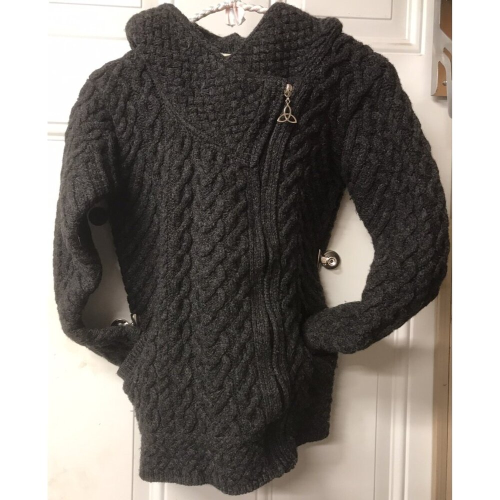 Women's Cable Knit Hooded Cardigan Sweater - Charcoal